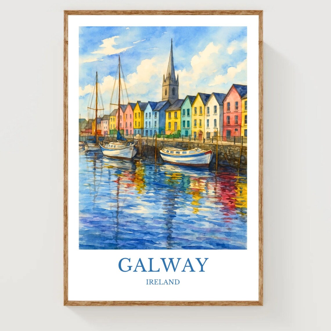 Galway Ireland Watercolor Harbor Scene Colorful Travel Poster
