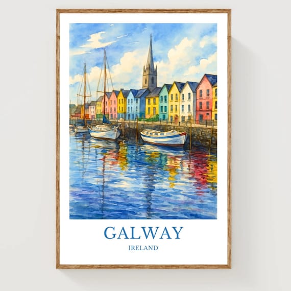 Galway Ireland Watercolor Harbor Scene Colorful Travel Poster
