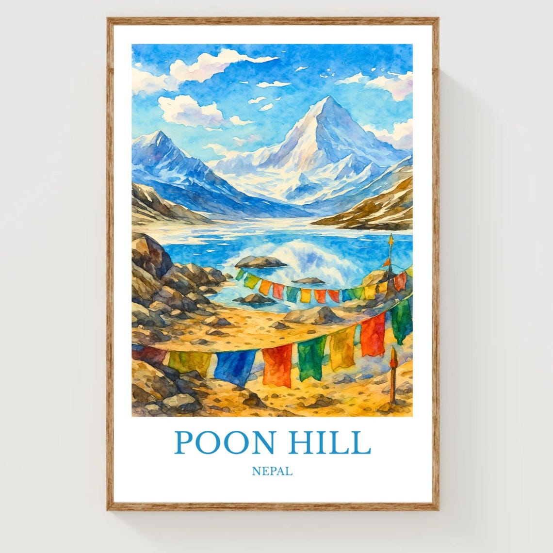Poon Hill Nepal Himalaya Prayer Flags Watercolor Travel Poster