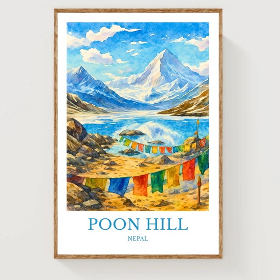 Poon Hill Nepal Himalaya Prayer Flags Watercolor Travel Poster