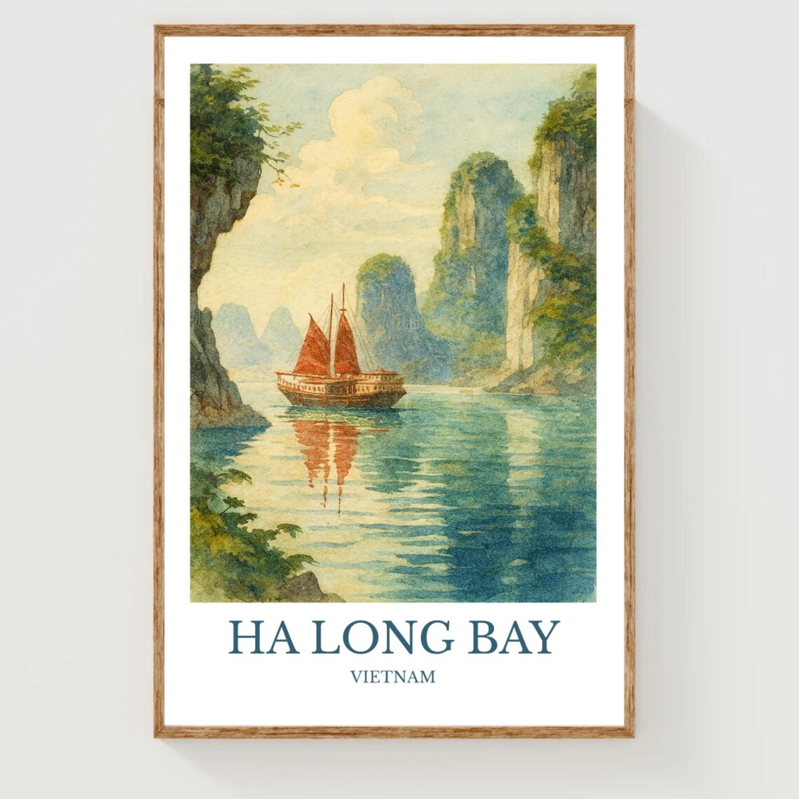 Ha Long Bay Vietnam Junk Boat Watercolor Scene Travel Poster