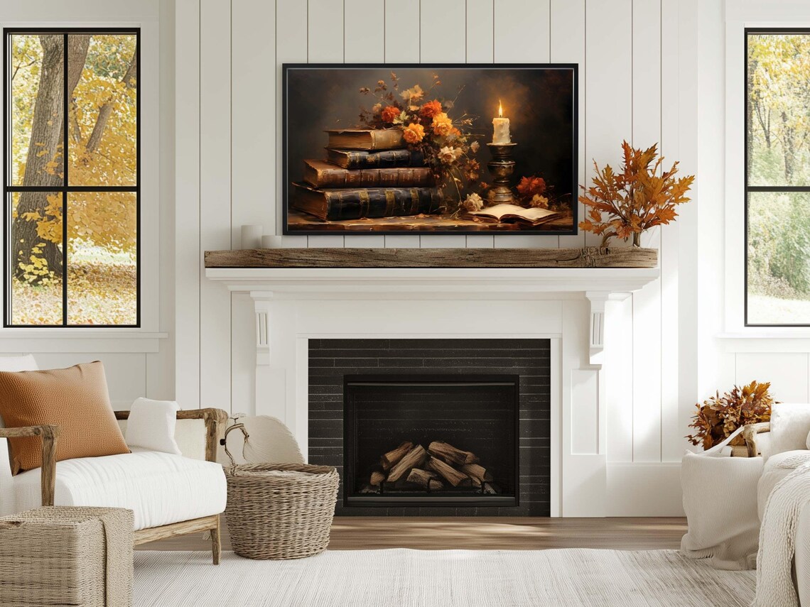 Antique Books Stack Candlelit Autumn Flowers Moody Vintage Still Life Poster - Image 2