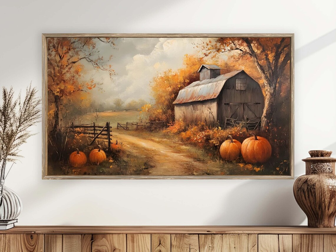 Vintage Autumn Barn Farm Oil Painting Pumpkins Moody Fall Trees Poster Print - Image 4