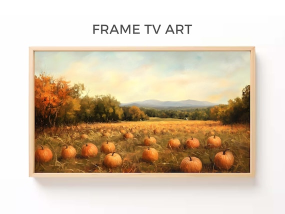 Golden Pumpkin Patch Harvest Field Autumn Trees Landscape Painting Poster