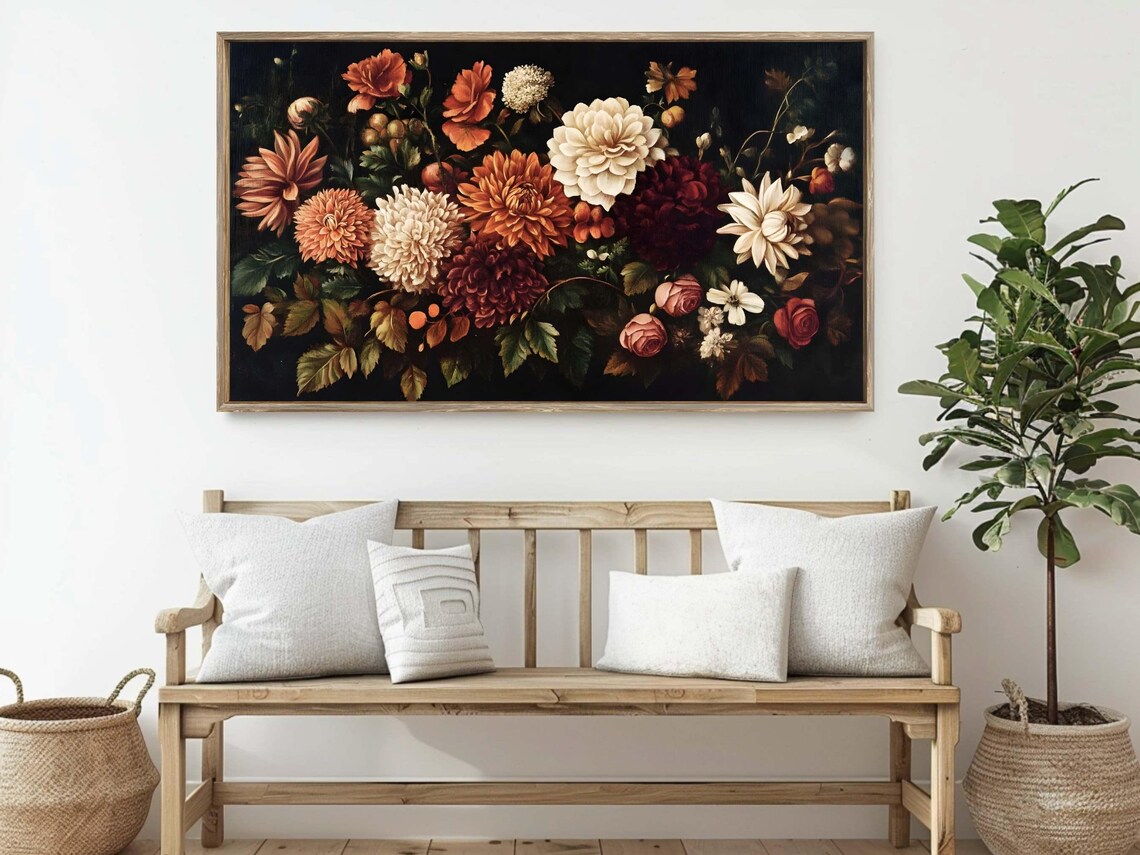 Moody Dark Floral Oil Painting Autumn Chrysanthemums Wall Art Poster Print - Image 2