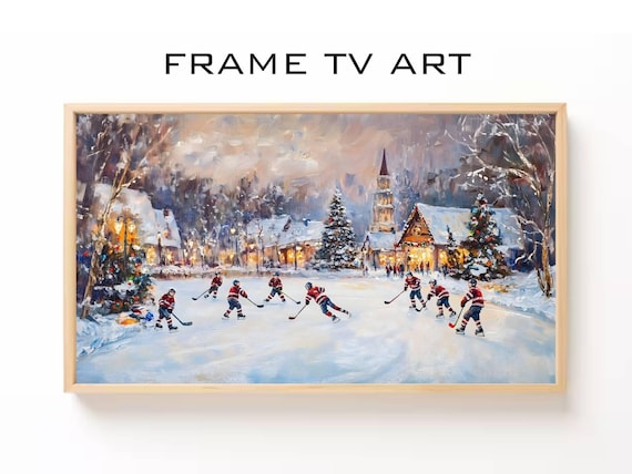 Vintage Hockey Players Frozen Pond Village Christmas Winter Art Poster