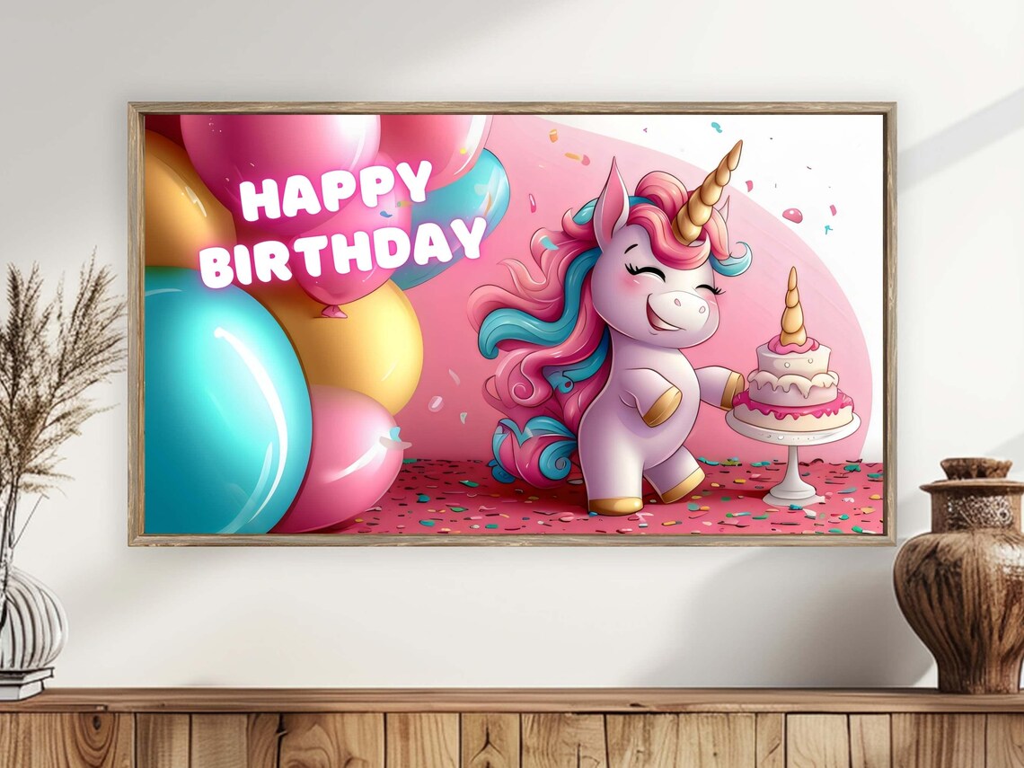 Happy Birthday Unicorn Cake Balloons Kids Party Celebration Wall Art Poster - Image 4