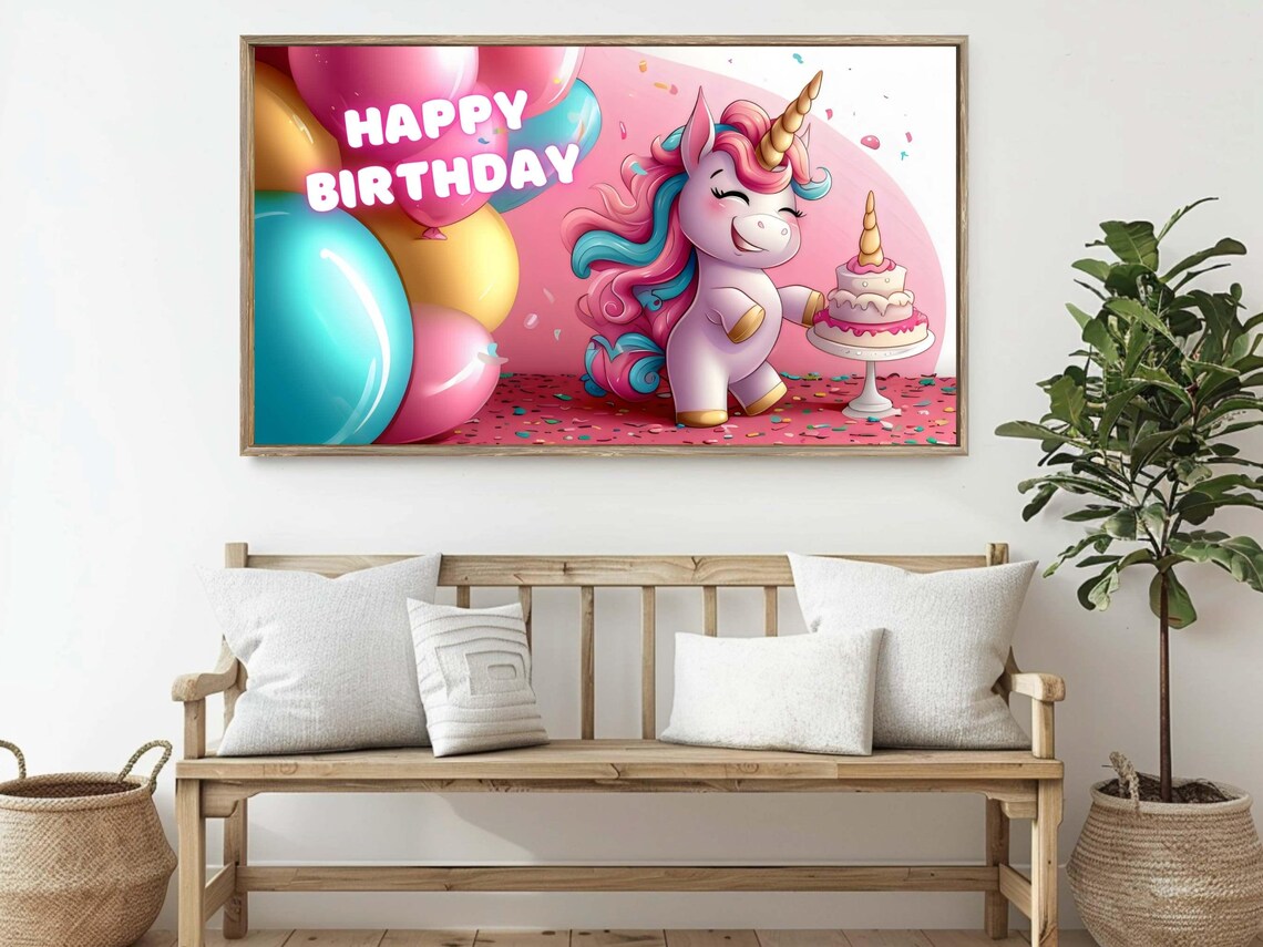 Happy Birthday Unicorn Cake Balloons Kids Party Celebration Wall Art Poster - Image 2