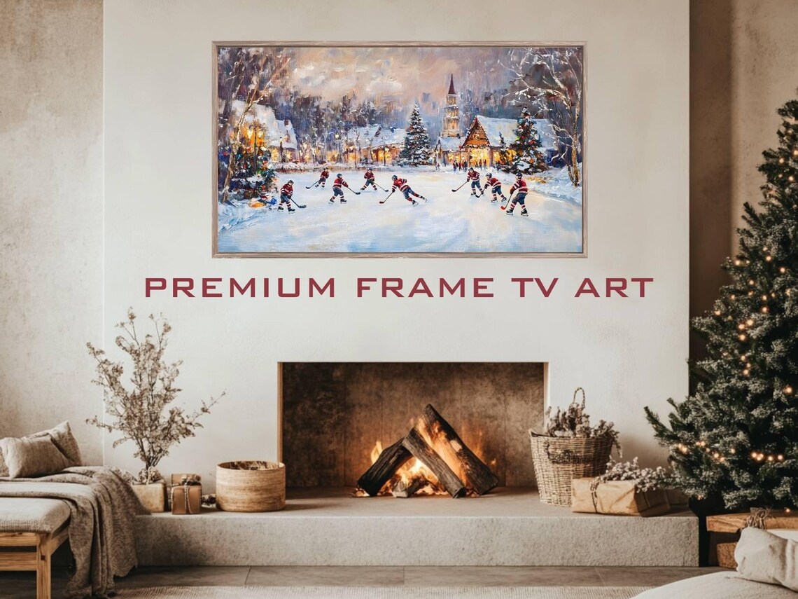 Vintage Hockey Players Frozen Pond Village Christmas Winter Art Poster - Image 3