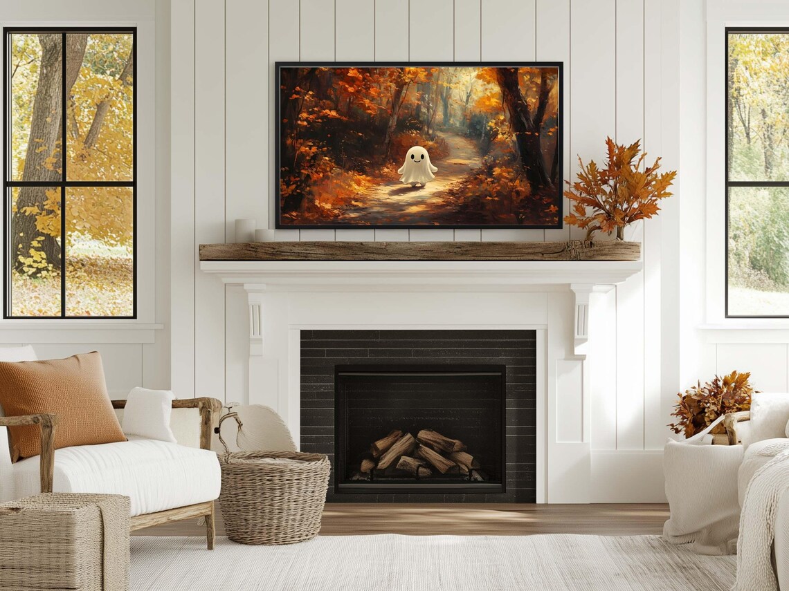 Cute Smiling Ghost Walking Autumn Forest Path Golden Leaves Halloween Poster - Image 3