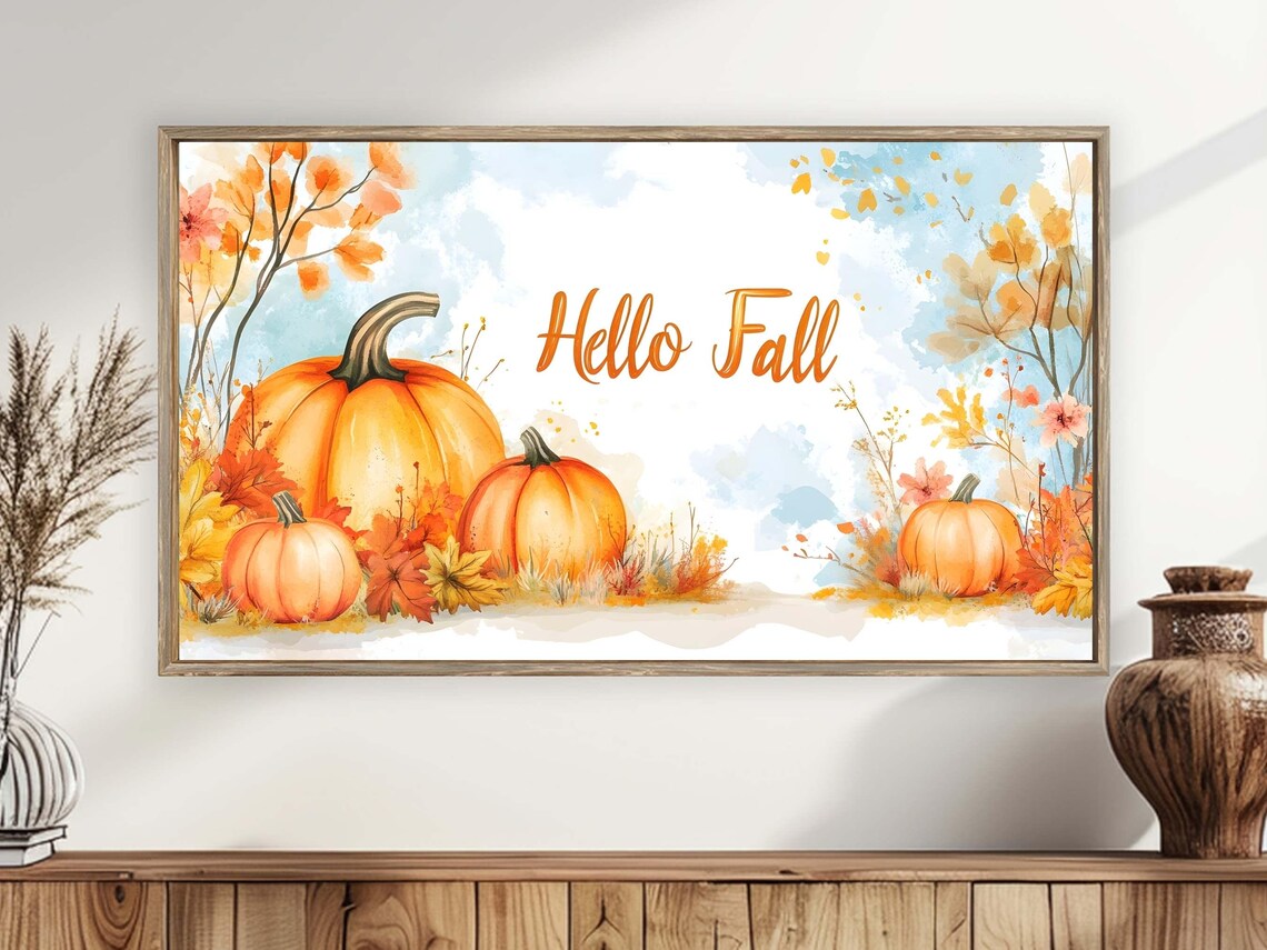 Hello Fall Watercolor Pumpkins Autumn Leaves Script Text Wall Art Poster - Image 4