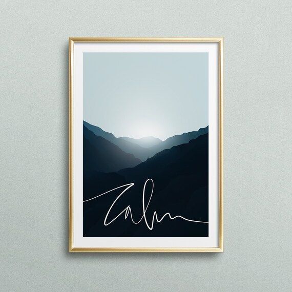 Calm White Script Moonlit Blue Mountain Valley Landscape Poster