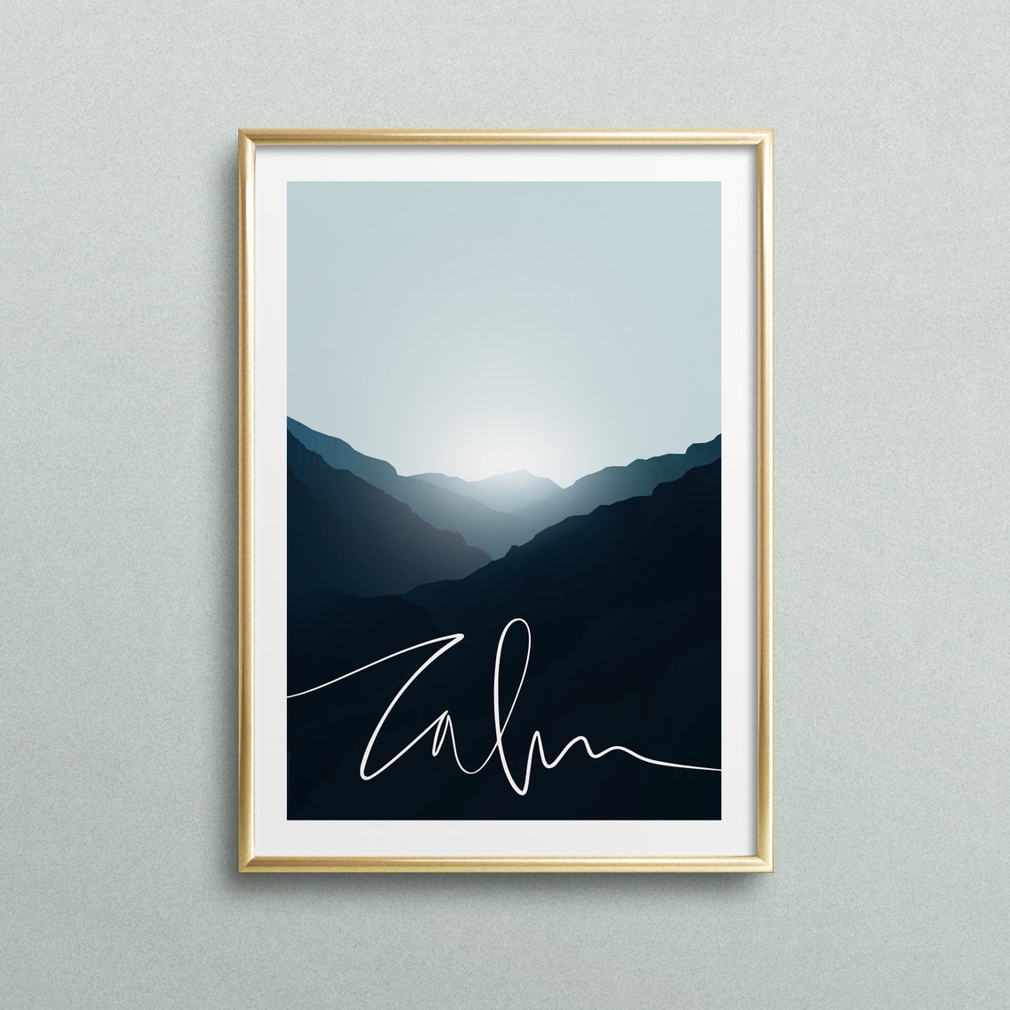 Calm White Script Moonlit Blue Mountain Valley Landscape Poster