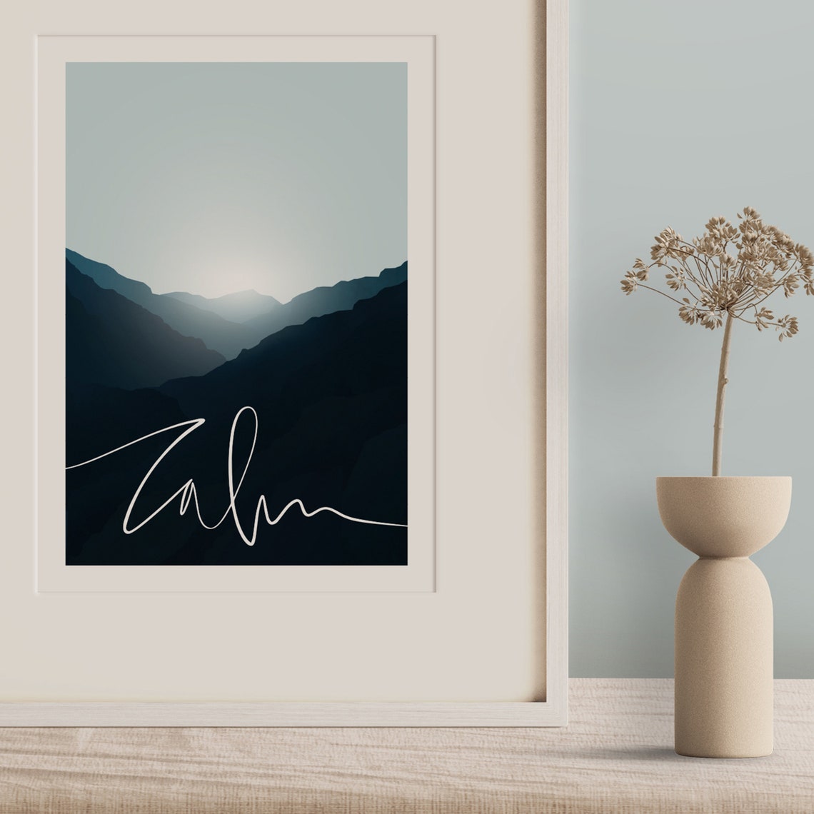 Calm White Script Moonlit Blue Mountain Valley Landscape Poster - Image 3