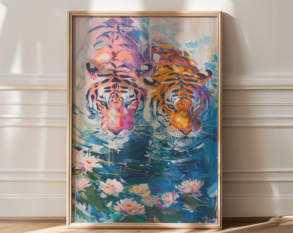 Two Tigers Swimming Among Water Lilies Painterly Maximalist Poster