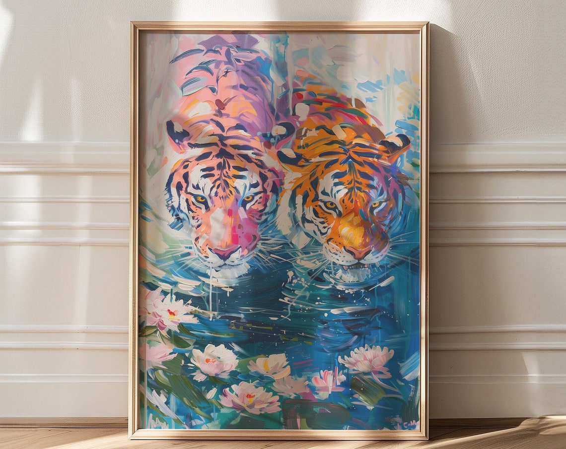 Two Tigers Swimming Among Water Lilies Painterly Maximalist Poster