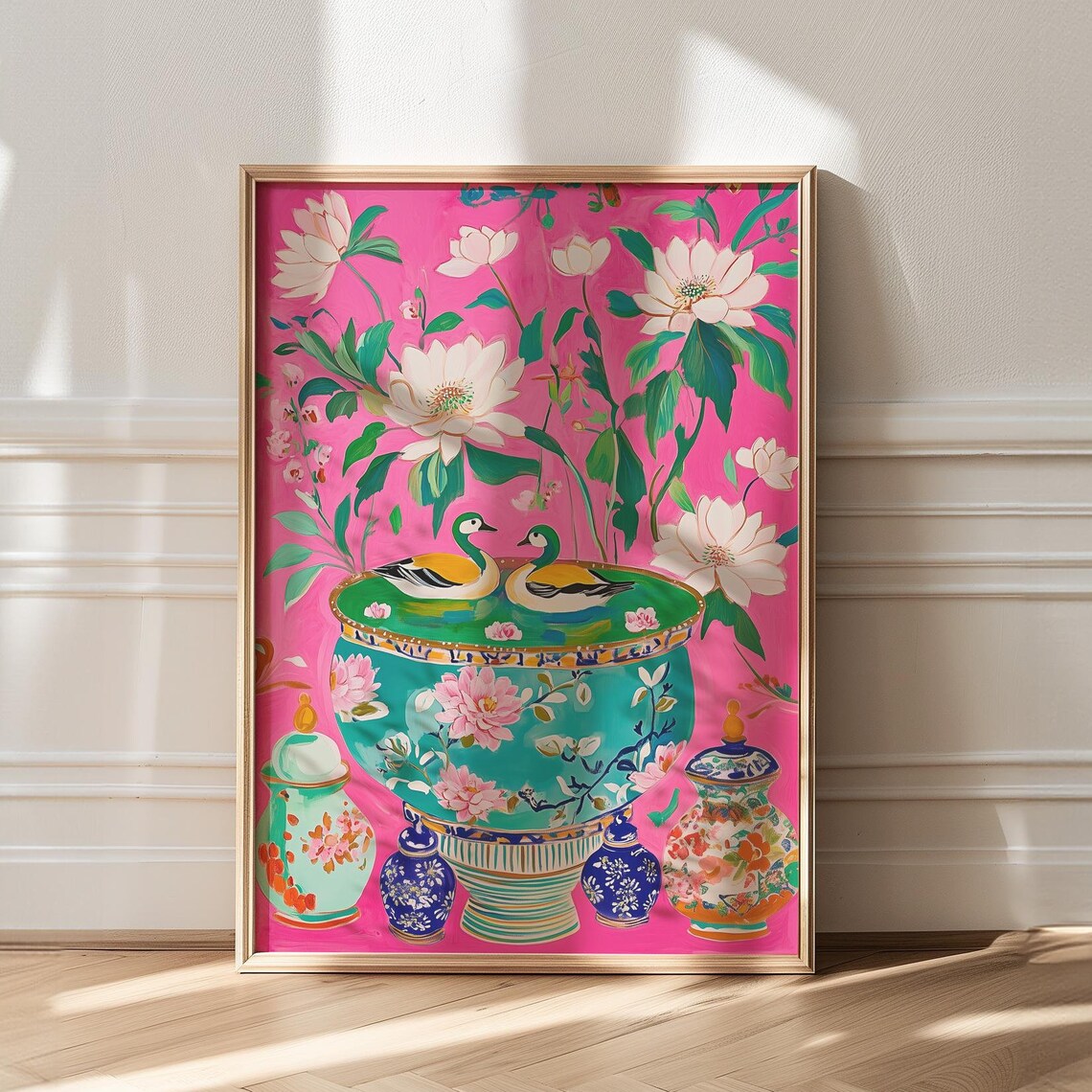 Floral Chinoiserie Ornamental Ducks Art Print - Image 3