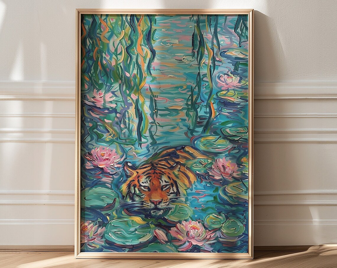 Tiger Peeking from Lily Pond Colorful Impressionist Art Poster - Image 3