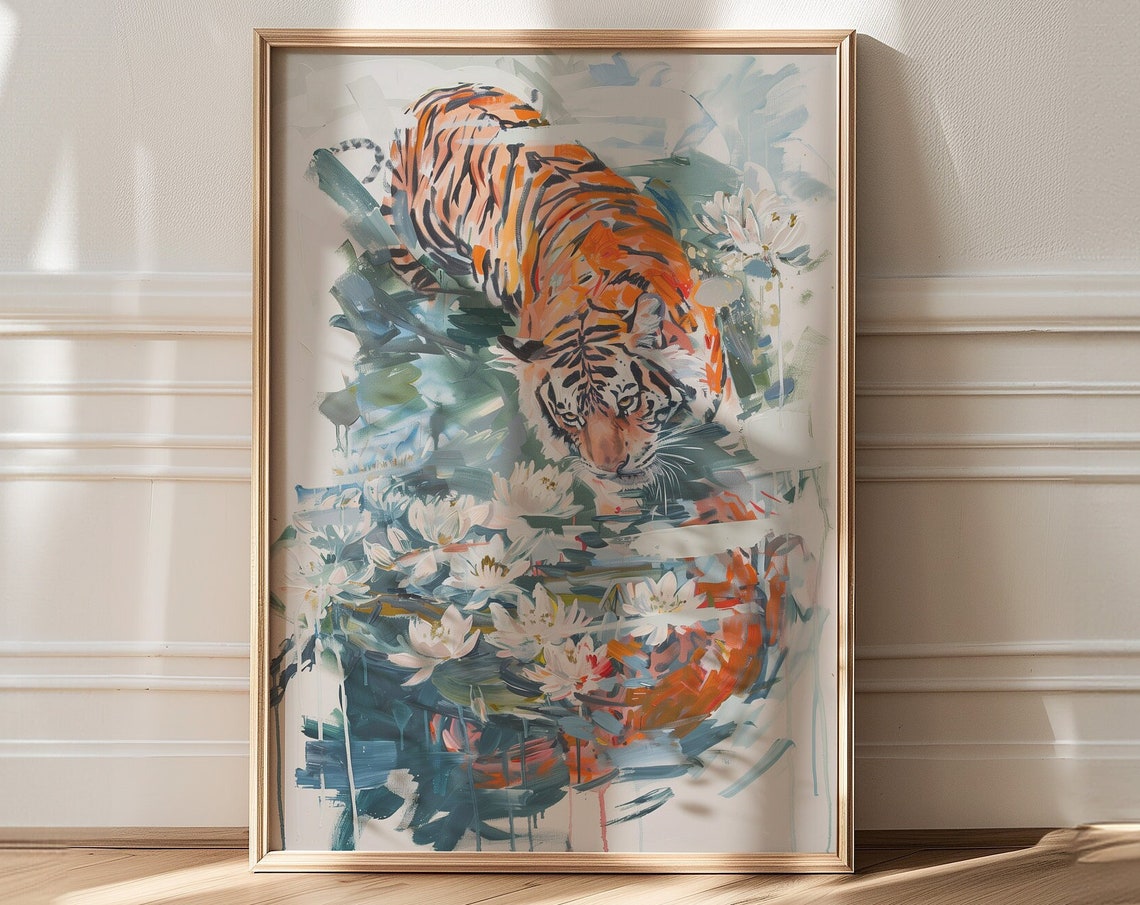 Leaping Tiger Splashing into Water Lily Pond Maximalist Art Poster - Image 4