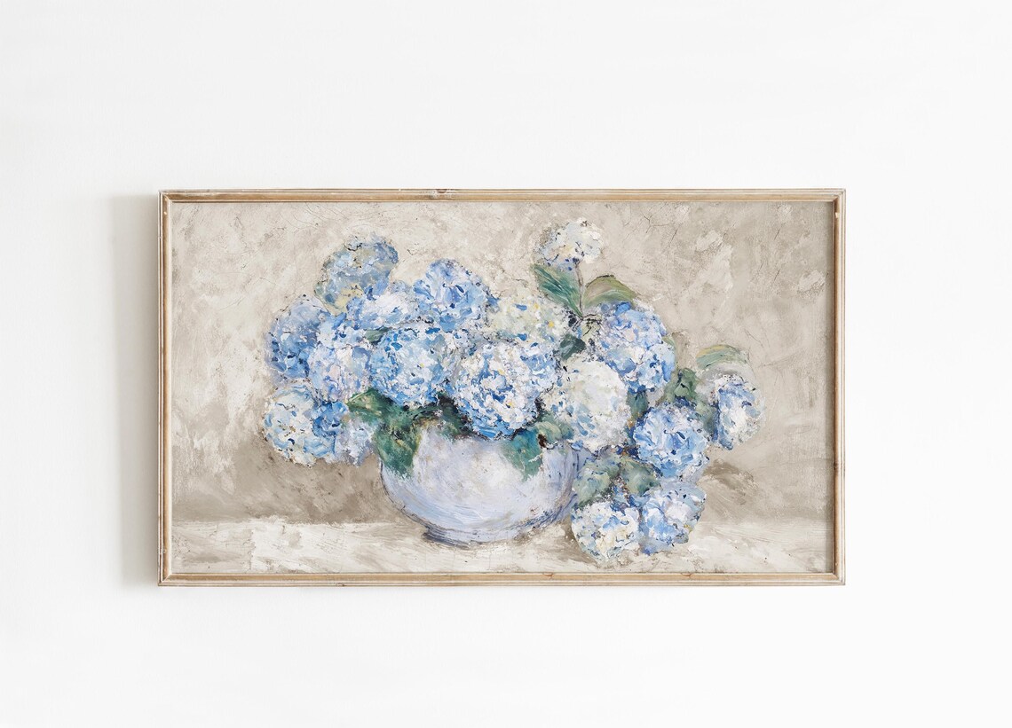 Blue Hydrangeas Still Life, Coastal Floral Art Print