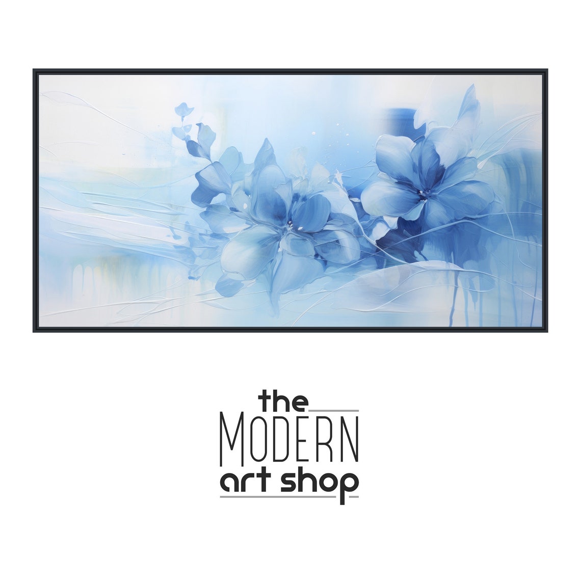 Soft Pale Blue Watercolor Flowers White Panoramic Floral Poster - Image 4