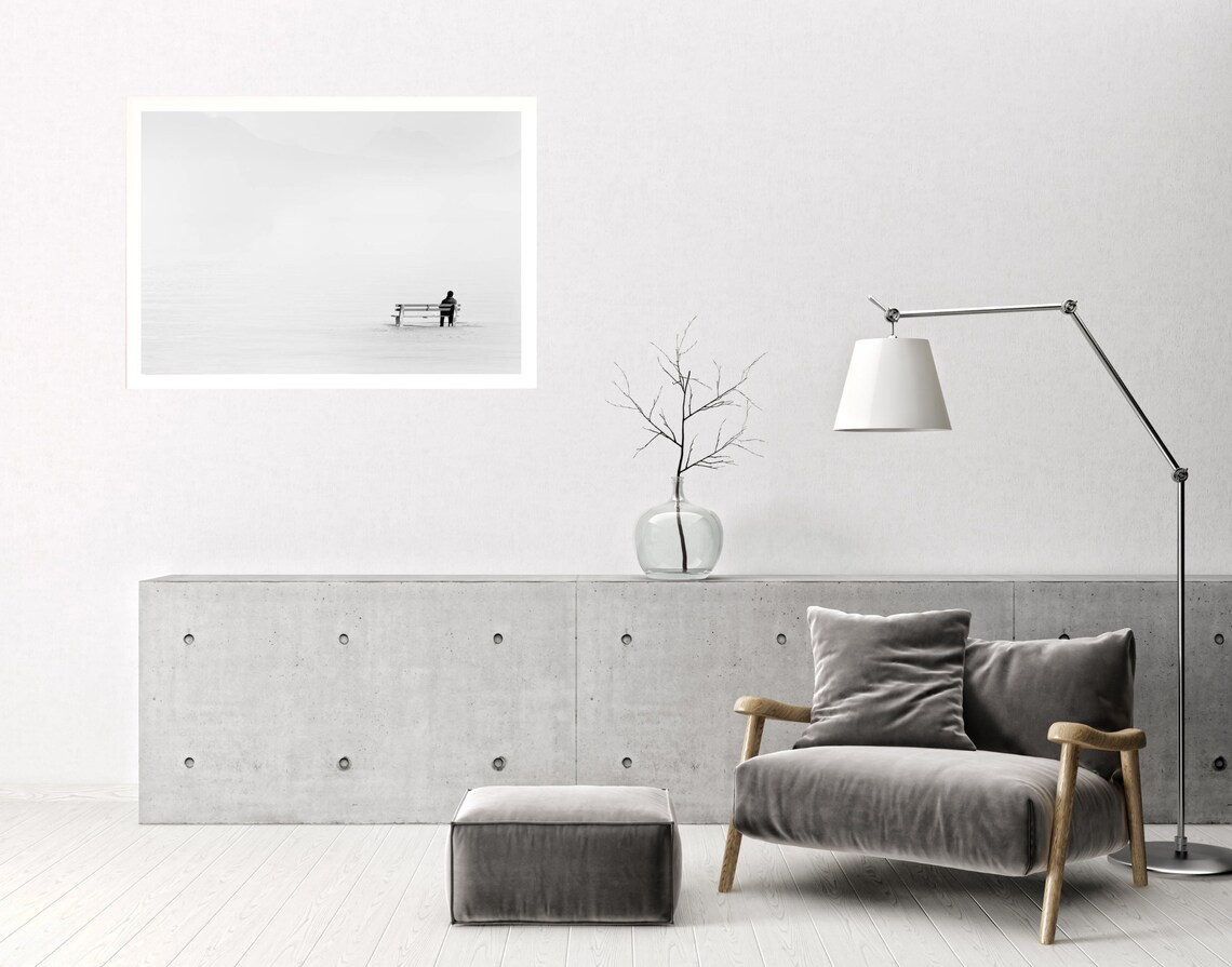 Lone Figure on Bench in Fog Minimalist Black White Photo Poster - Image 4
