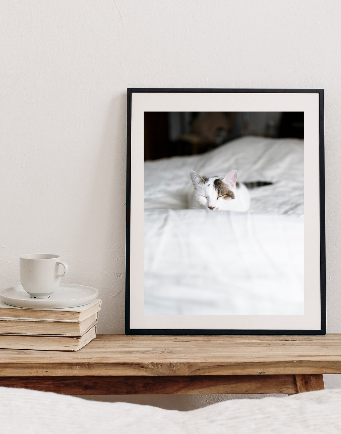 Sleeping White Tabby Cat Cozy White Bedding Pet Photo Poster - Image 3
