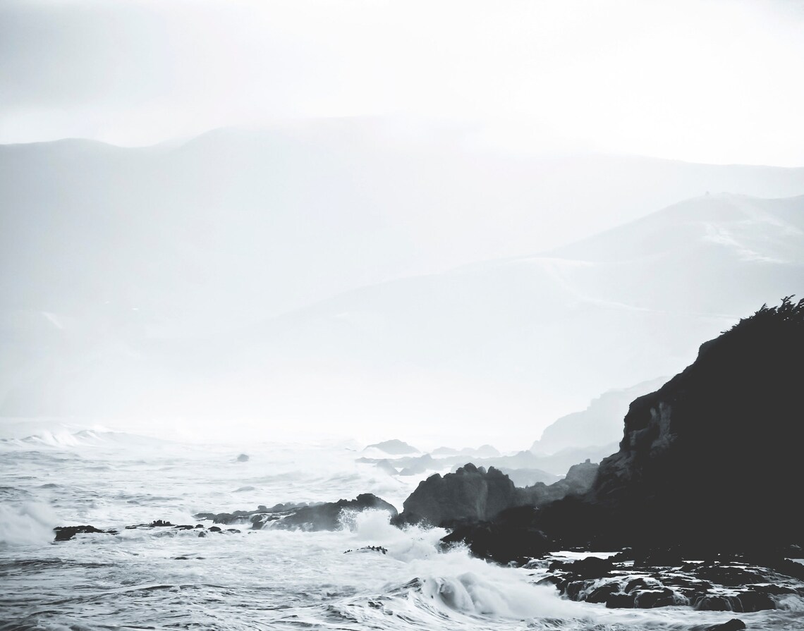 Black White Ocean Waves Rocky Coast Misty Sea Photography Poster - Image 2