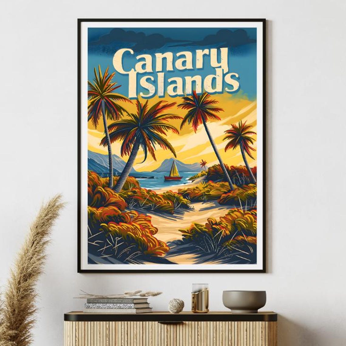 Canary Islands Palm Trees Sailboat Retro Vintage Travel Poster