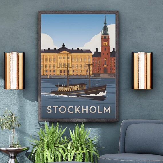 Old Stockholm Sweden Harbor Sailing Ship Retro Vintage Travel Poster