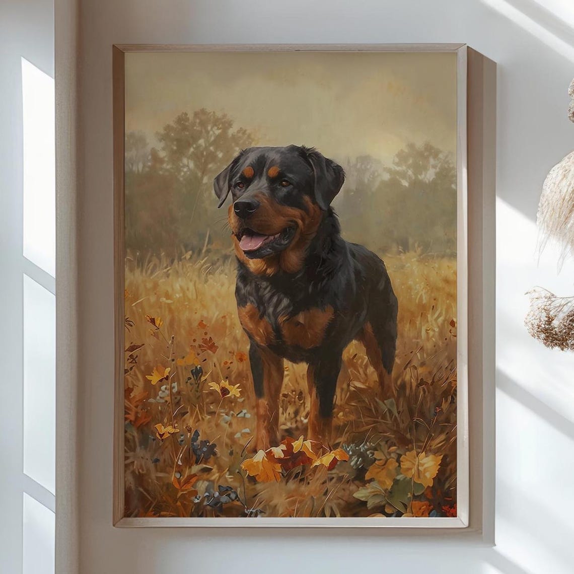 Rottweiler Standing in Autumn Field Rustic Dog Painting Poster