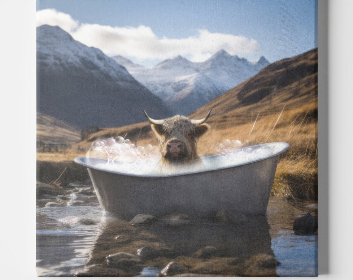 Highland Cow In A Bathtub, Funny Bathroom Poster - Image 2