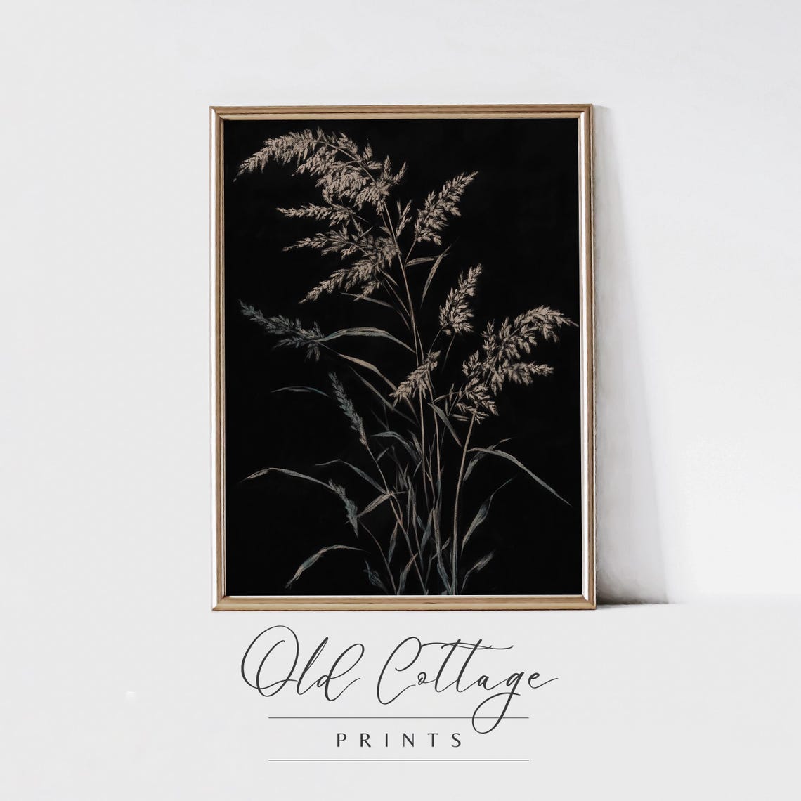 Silver Grass Botanical Silhouette on Black Minimalist Art Print