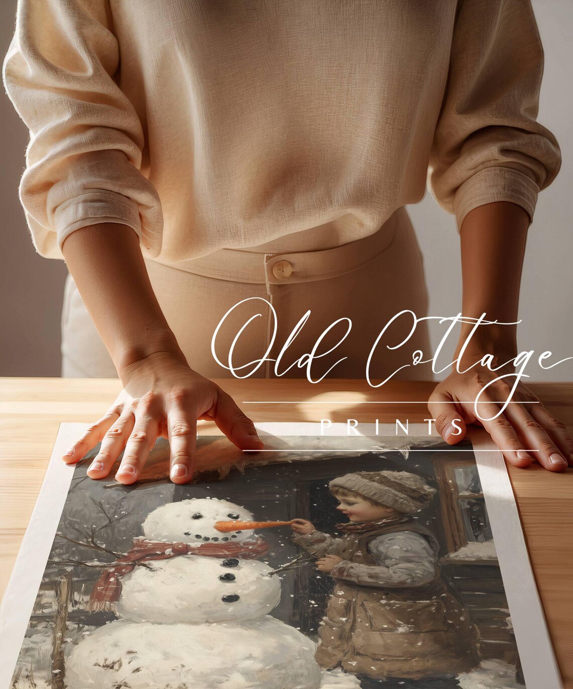 Child Building Snowman Carrot Nose Winter Scene Vintage Painting Poster - Image 3