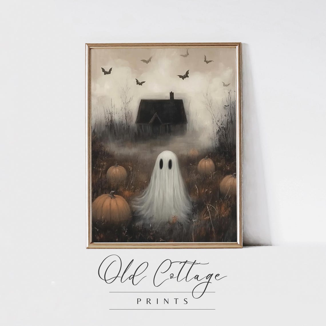 Cute Ghost In Pumpkin Patch Field On Spooky Halloween Night Poster