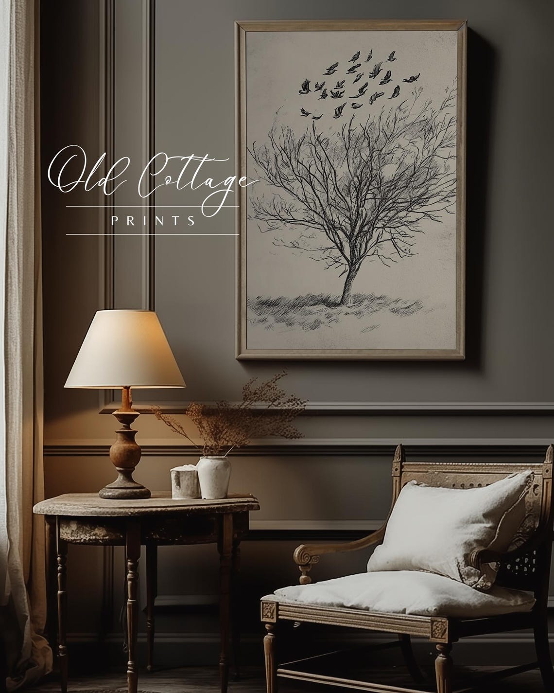 Bare Tree with Flock of Birds Black Ink Minimalist Sketch Print - Image 3