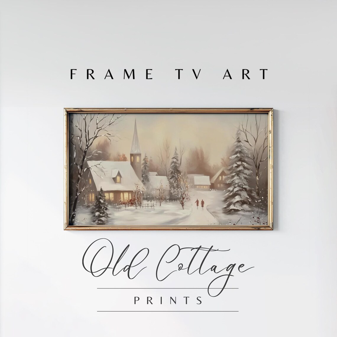 Snowy Village Church Winter Scene Vintage Christmas Night Landscape Poster