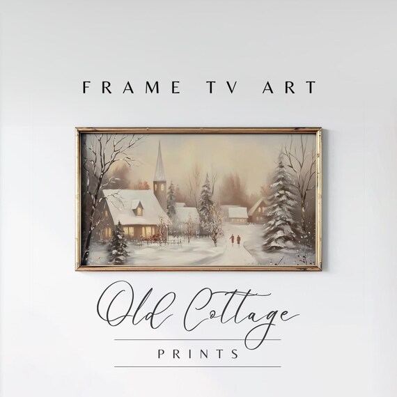 Snowy Village Church Winter Scene Vintage Christmas Night Landscape Poster