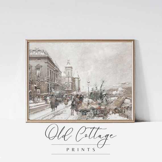 Snowy Winter City Street with Clock Tower Vintage Art Poster