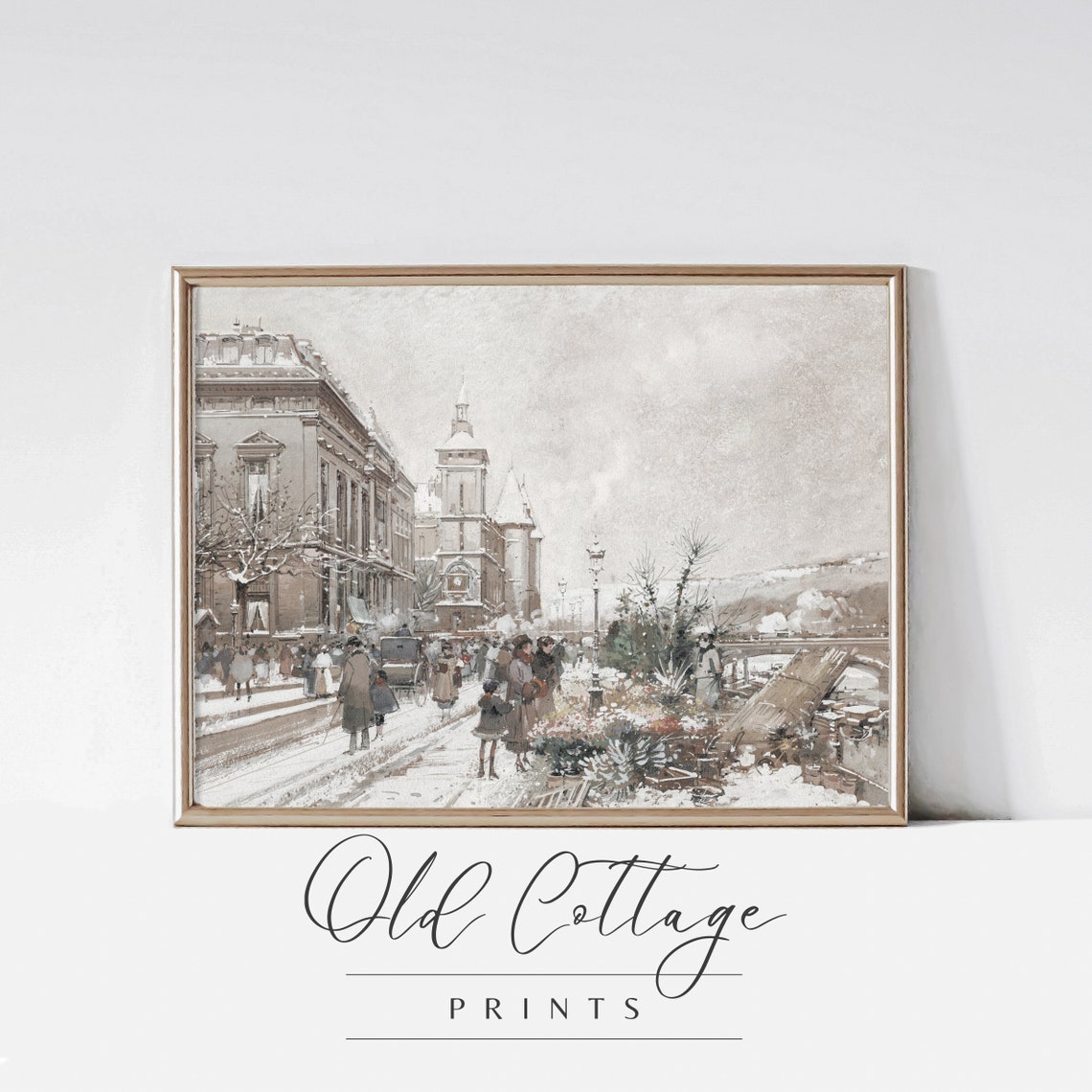Snowy Winter City Street with Clock Tower Vintage Art Poster