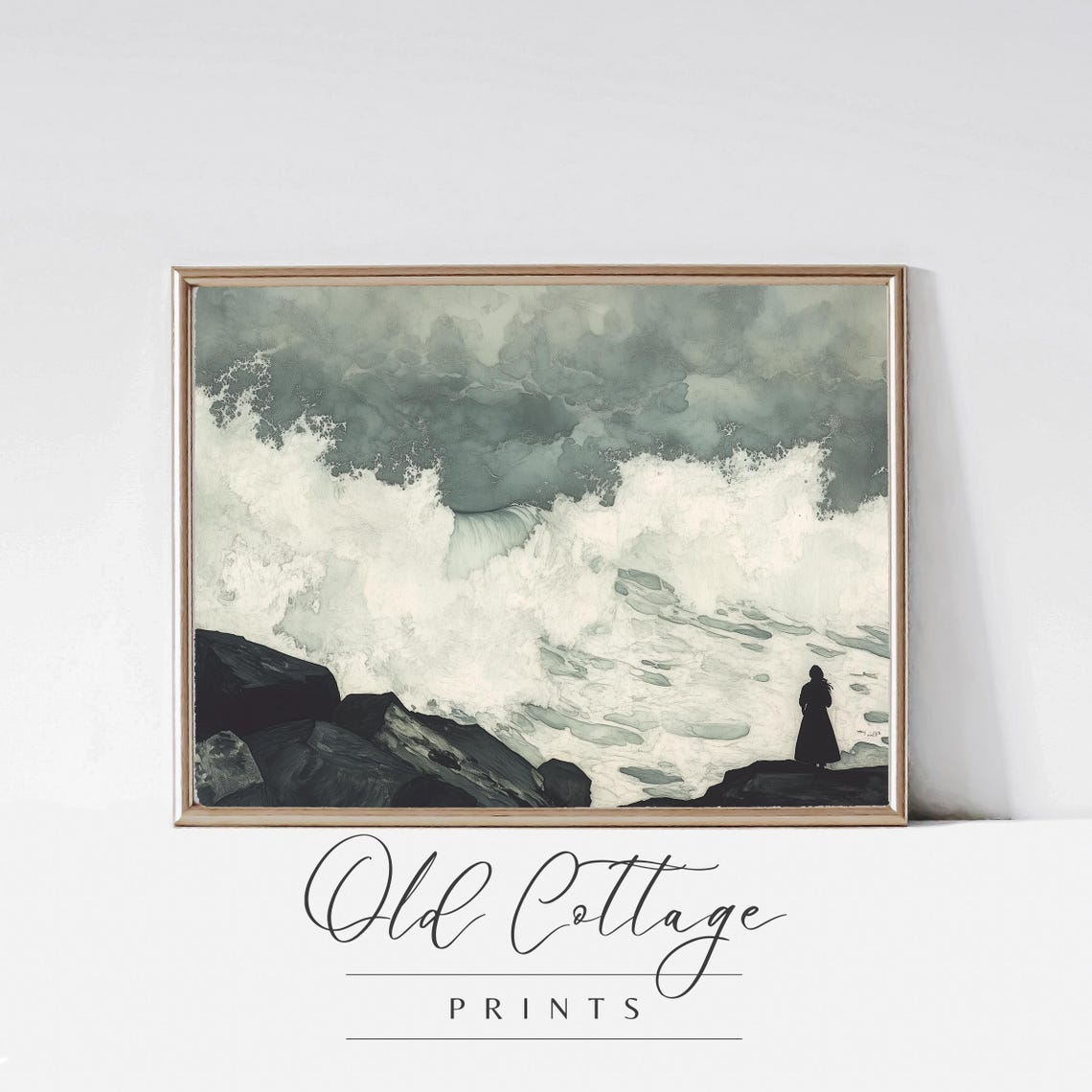 Dramatic Ocean Waves Crashing on Rocky Shore Solitary Figure Poster