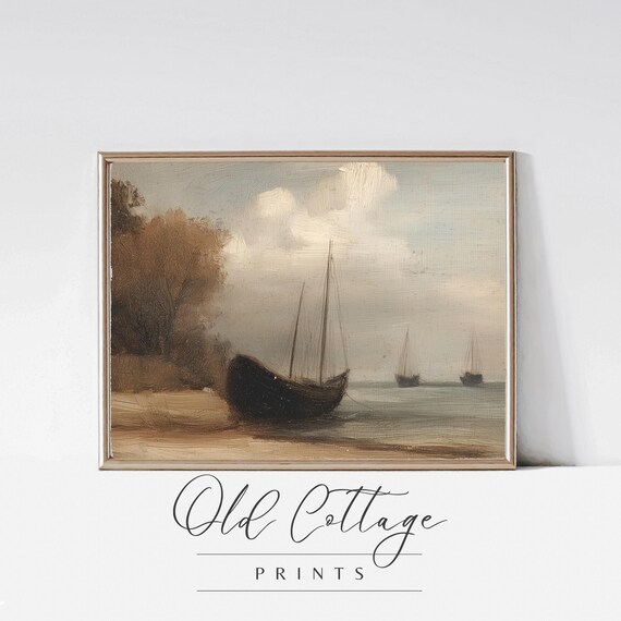 Sailboats on the Shore Muted Vintage Seascape Painting Print