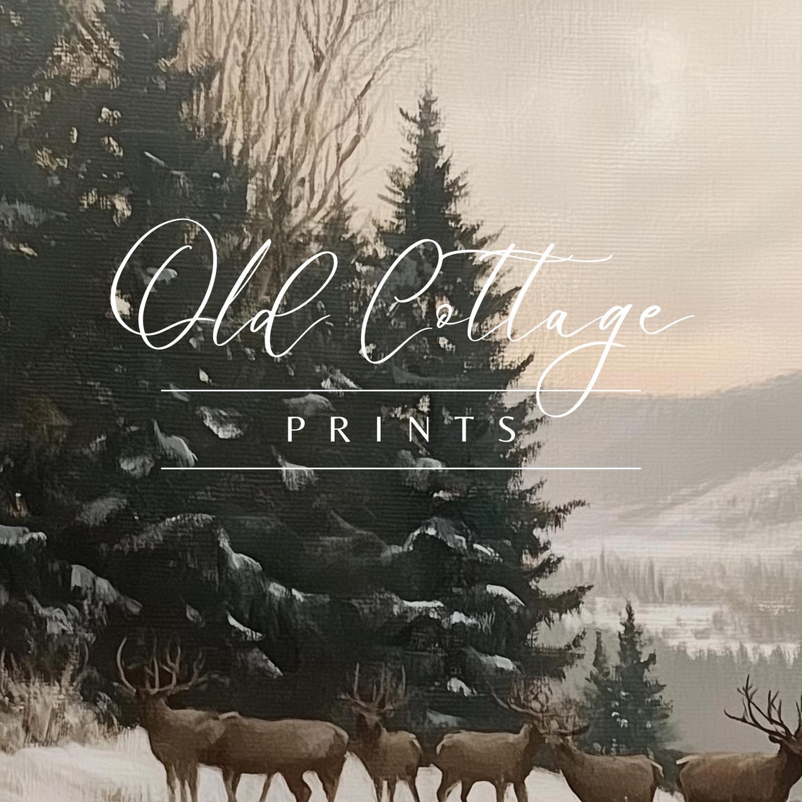 Deer Herd in Snowy Forest Muted Winter Wildlife Painting Print - Image 2