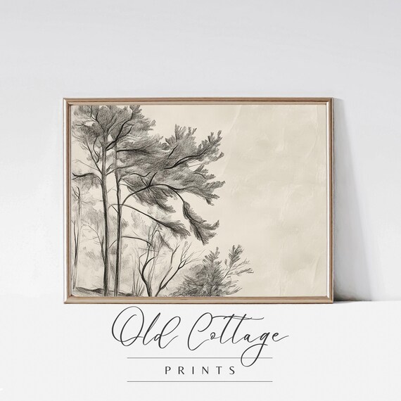 Silent Forest Minimalist Tree Sketch, Rustic Art