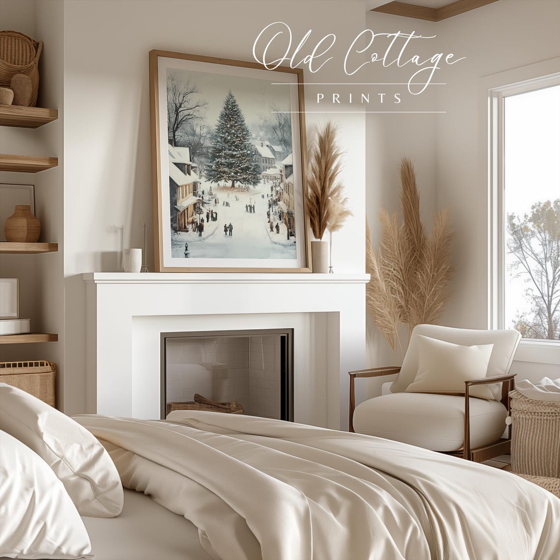 Snowy Village Square With Giant Lit Christmas Tree Winter Poster - Image 2