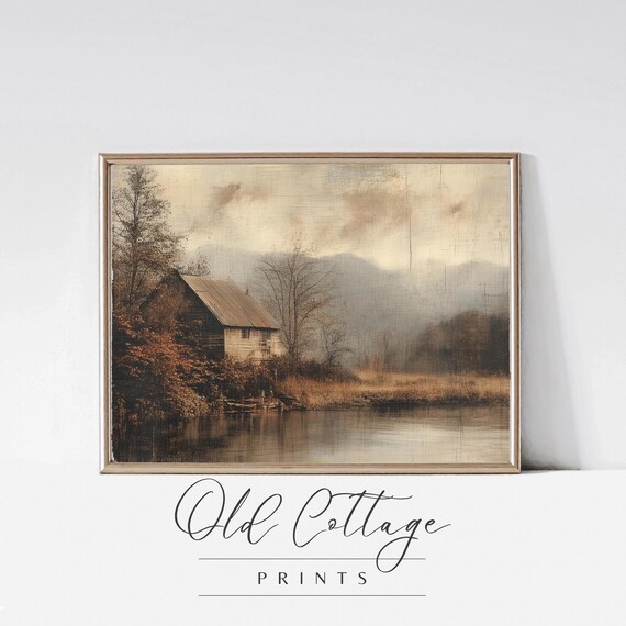 Rustic Lakeside Barn at Dusk Misty Vintage Landscape Art Print