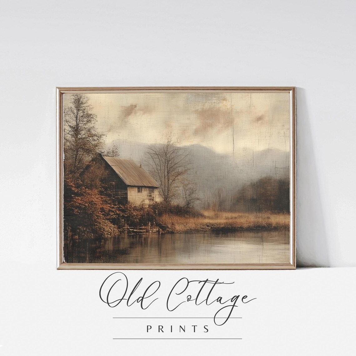 Rustic Lakeside Barn at Dusk Misty Vintage Landscape Art Print