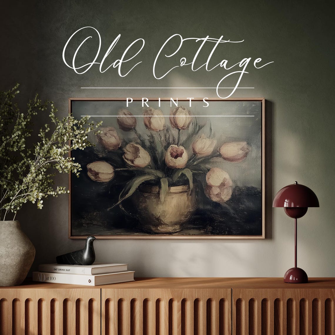 Blush Tulips in Brass Vase Dark Moody Floral Still Life Print - Image 3