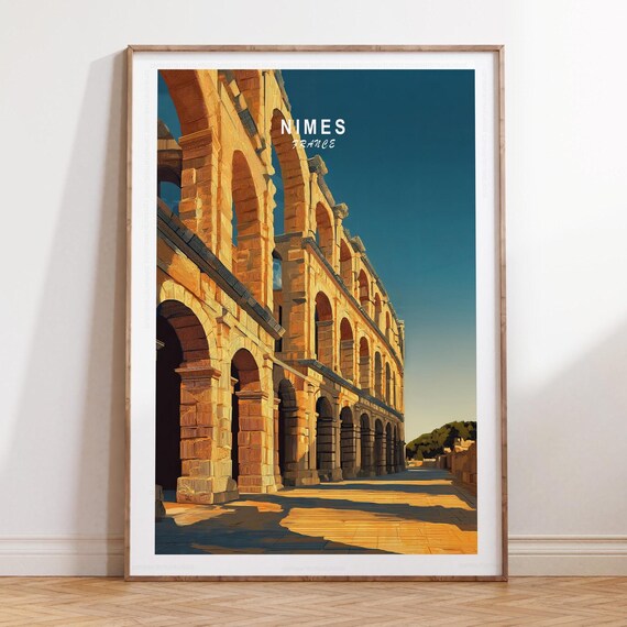 Nimes France Ancient Roman Arena Golden Front View Travel Poster