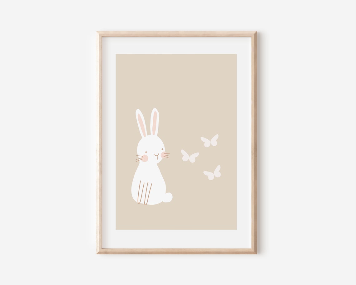 White Bunny Butterflies Minimal Nursery Wall Art Neutral Beige Print - Image 4